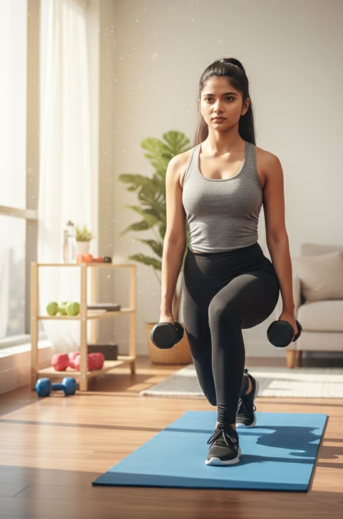 Woman doing lunges at home