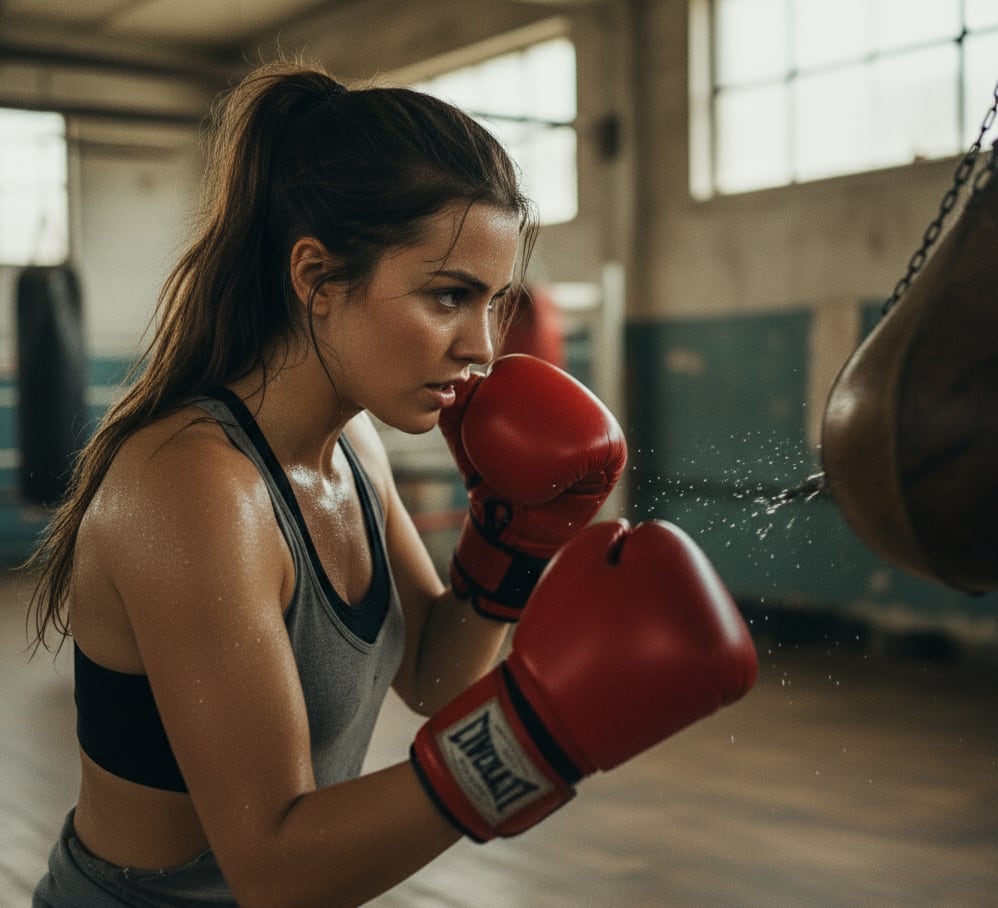 Woman hitting speed bag