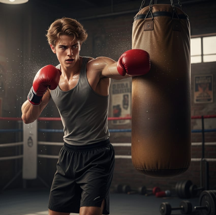 Man hitting heavy bag