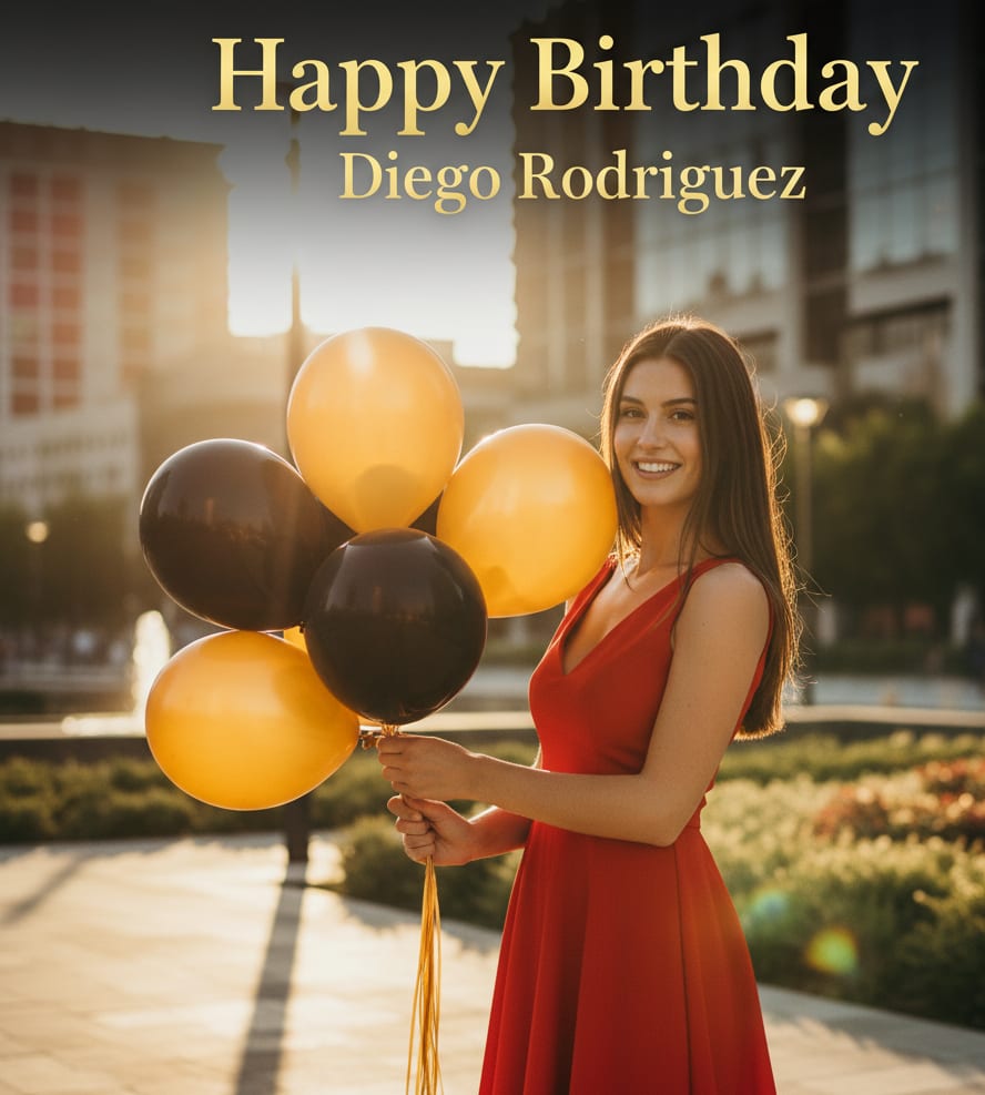 Woman red dress balloons sunset birthday