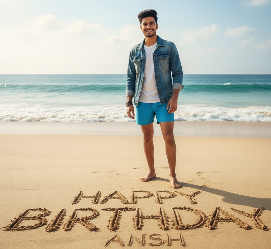 Man on beach birthday in sand