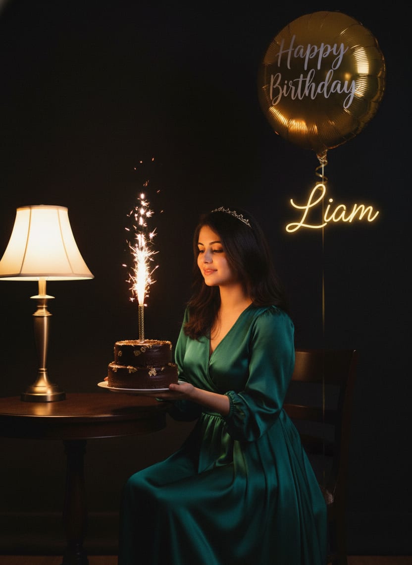 Woman emerald dress chocolate cake birthday