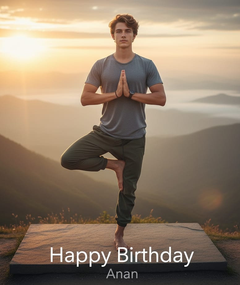 Man yoga mountaintop birthday