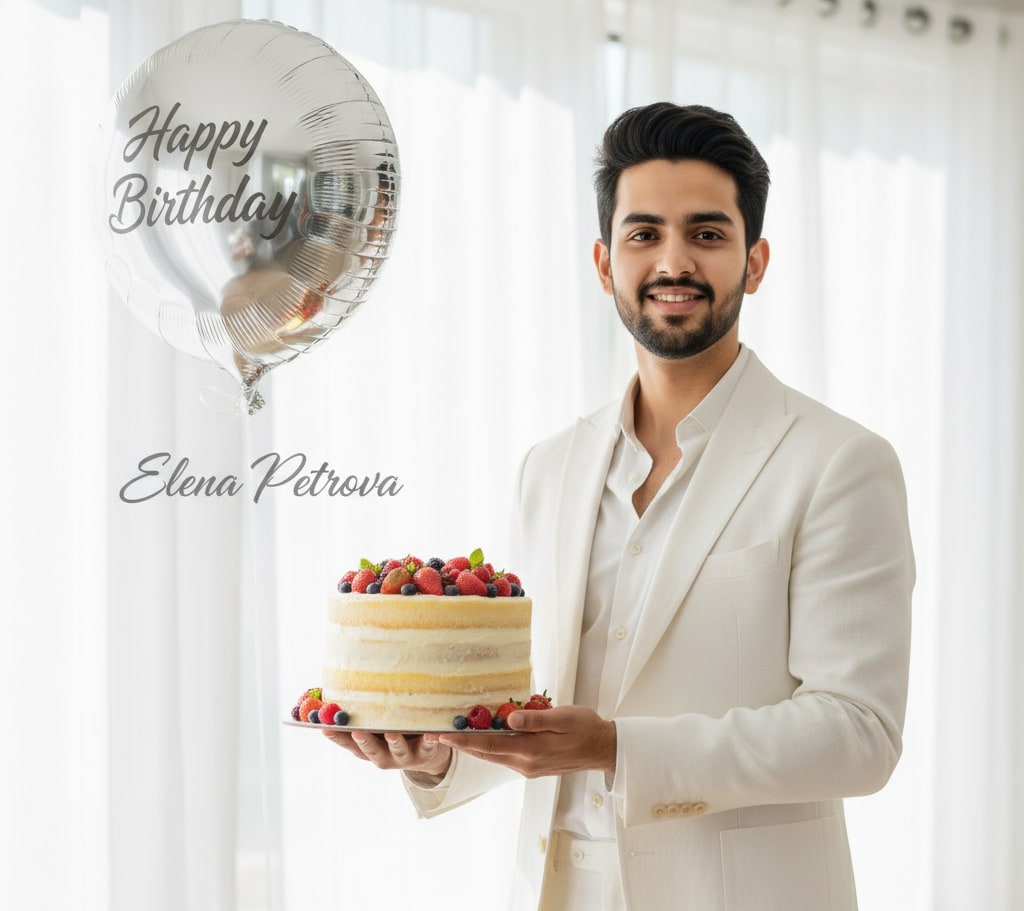 Man white linen suit lemon cake birthday