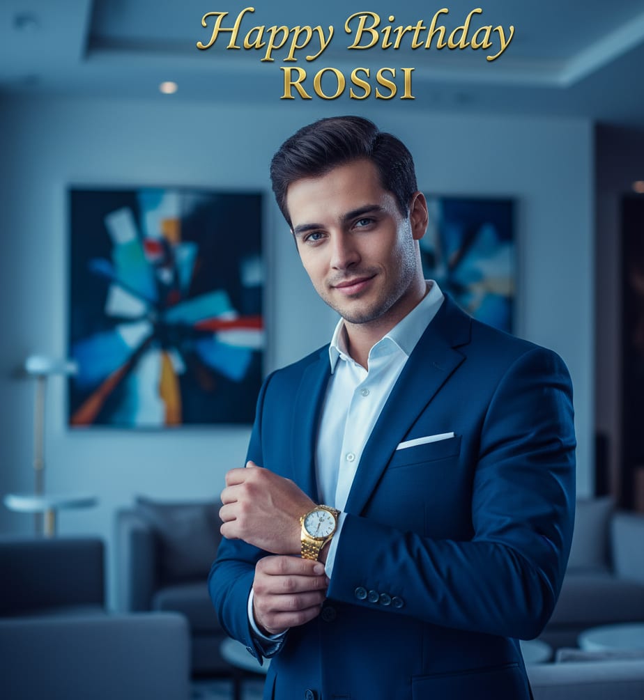 Man navy suit gold watch birthday