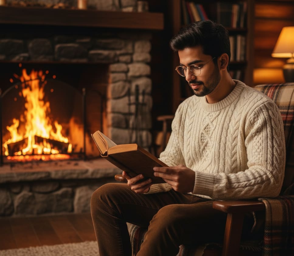 Man reading fireplace
