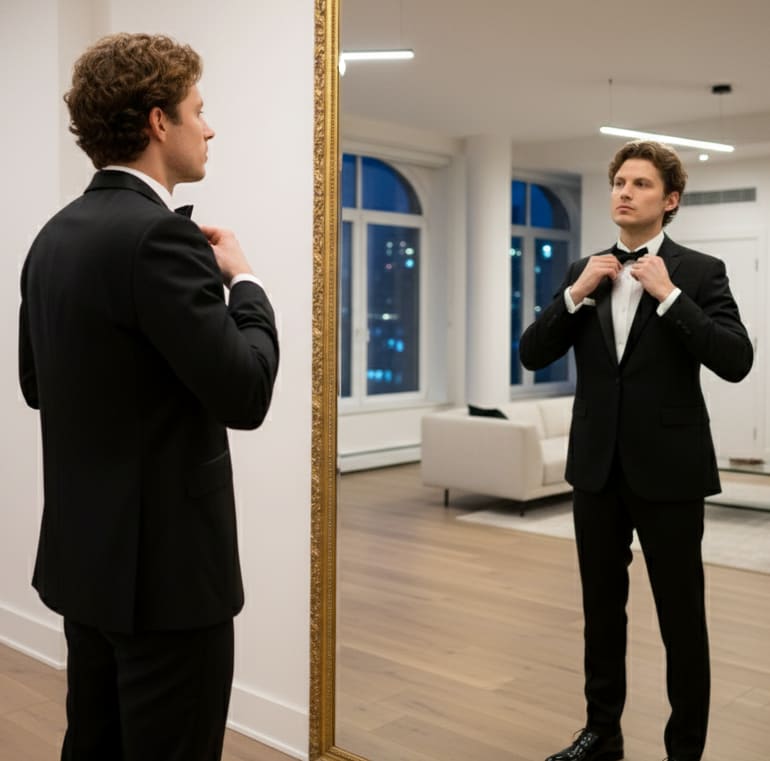 Man adjusting bow tie