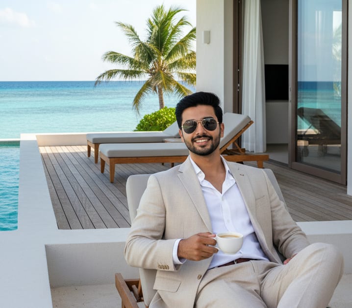 Man at beach bungalow