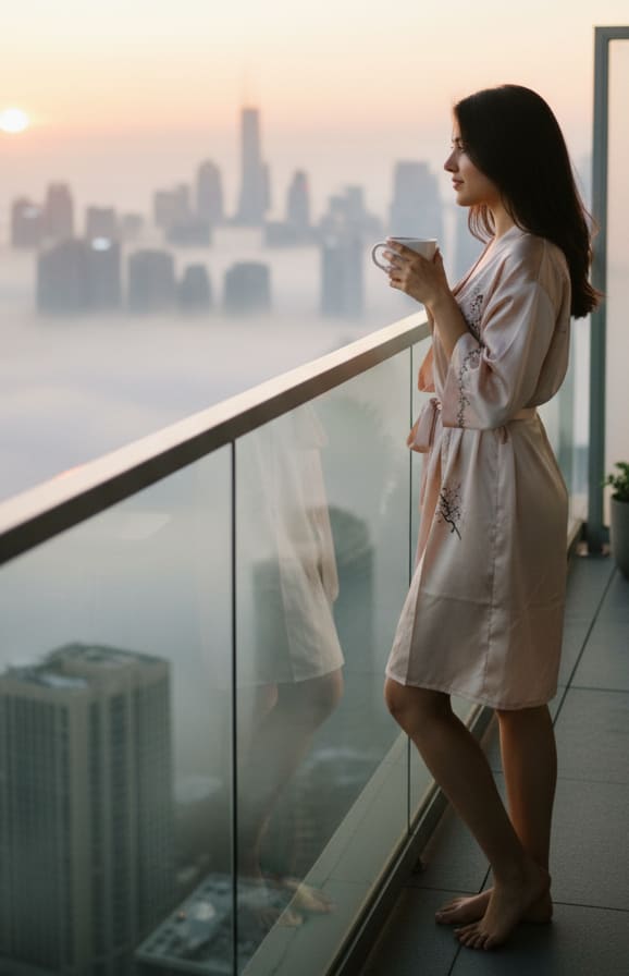 Woman on balcony at sunrise