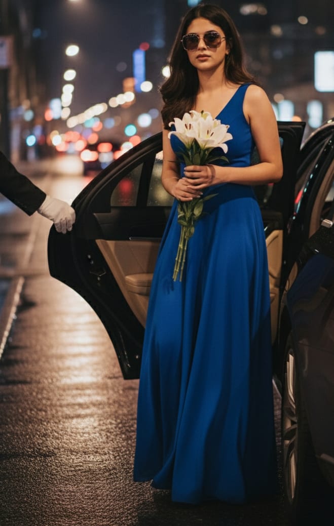 Woman stepping out of car
