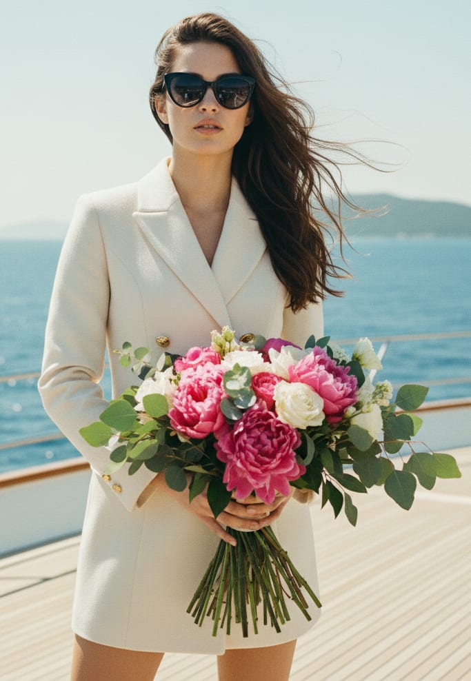 Woman on yacht with flowers