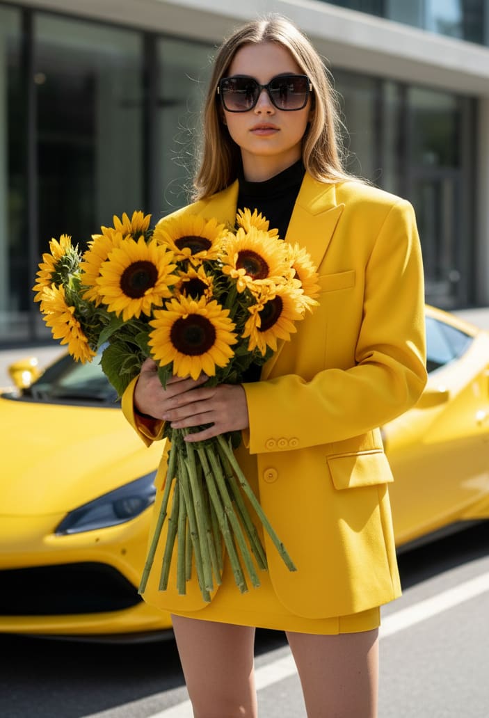 Woman with flowers and car