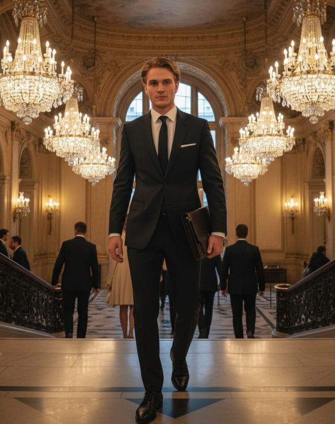 Man on marble staircase