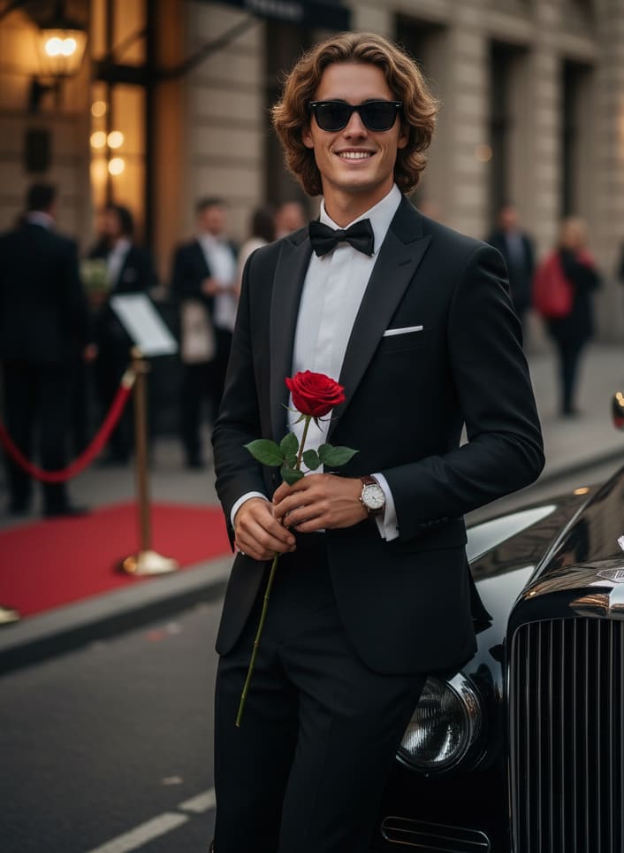 Man with rose and car