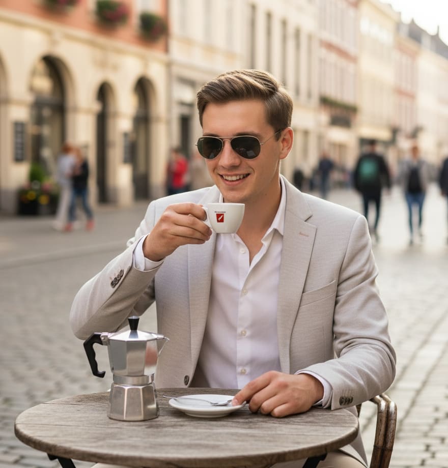 Man at European cafe