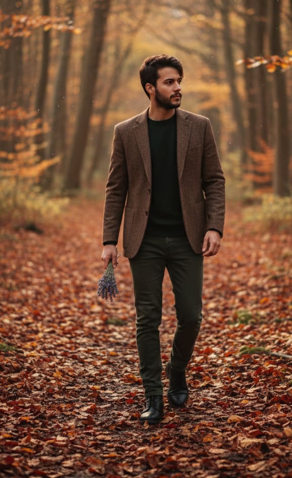 Man in autumn forest with lavender