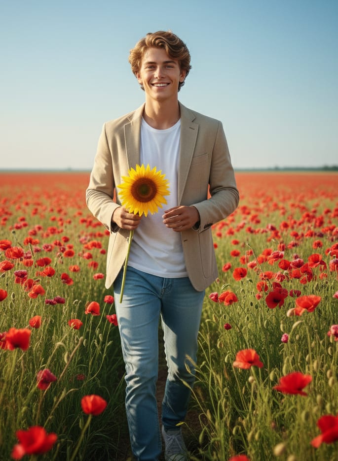 Man in poppy field with sunflower