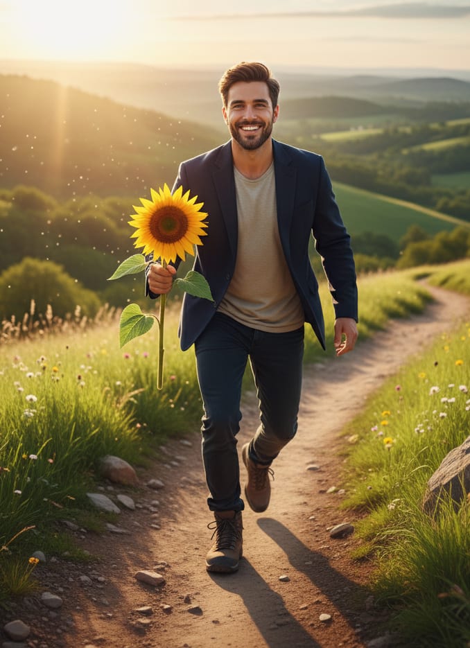 Man hiking hillside with sunflower