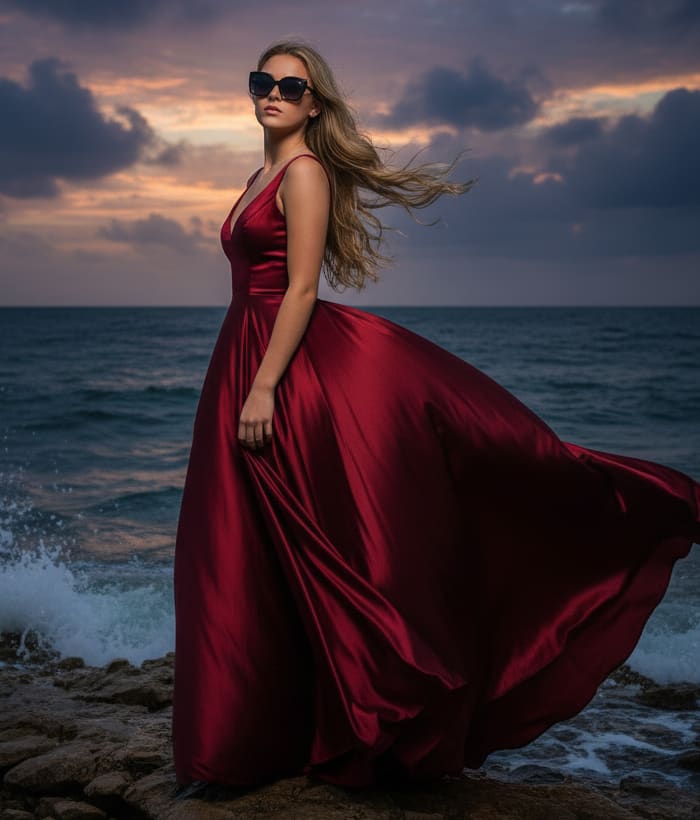 Woman by ocean with sunglasses