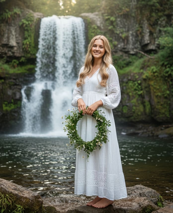 Woman by waterfall with wreath