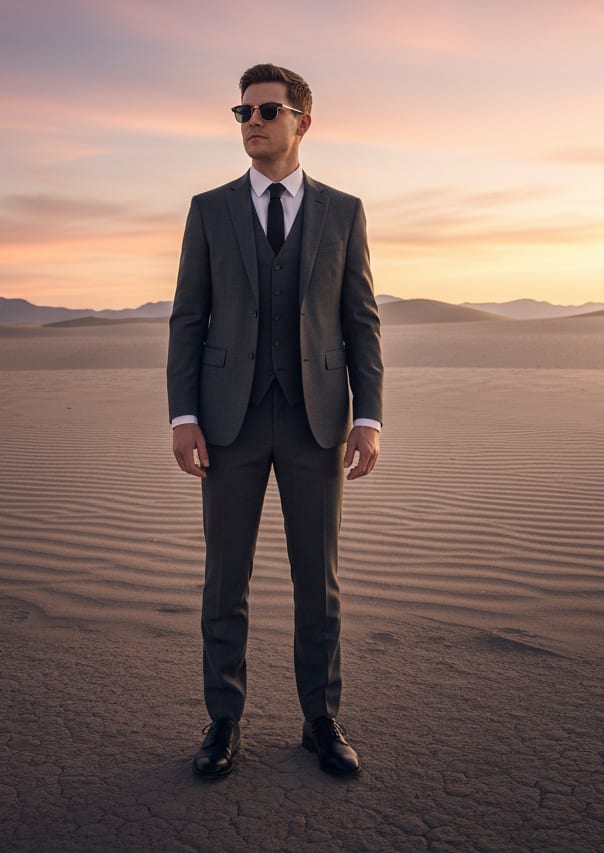 Man in desert at sunrise with sunglasses