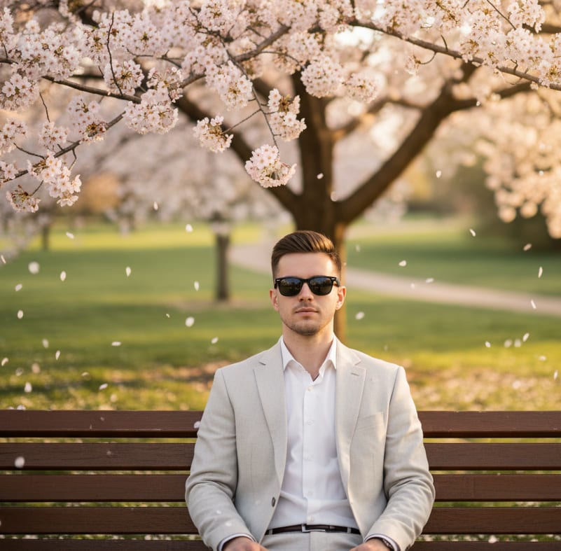 Man under blooming tree with sunglasses