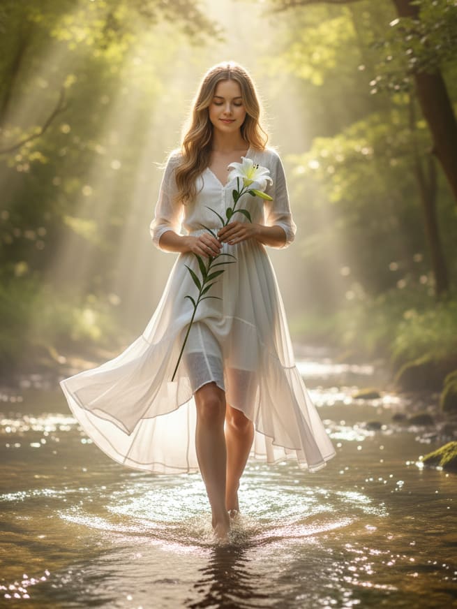 Woman in stream with lily