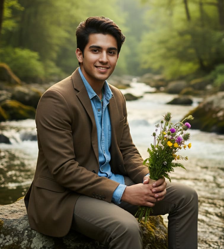Man by gushing river with bouquet