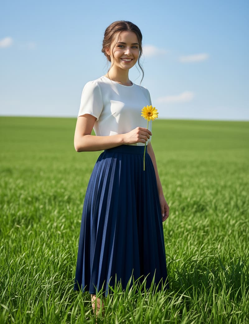 Woman in grass field with daisy