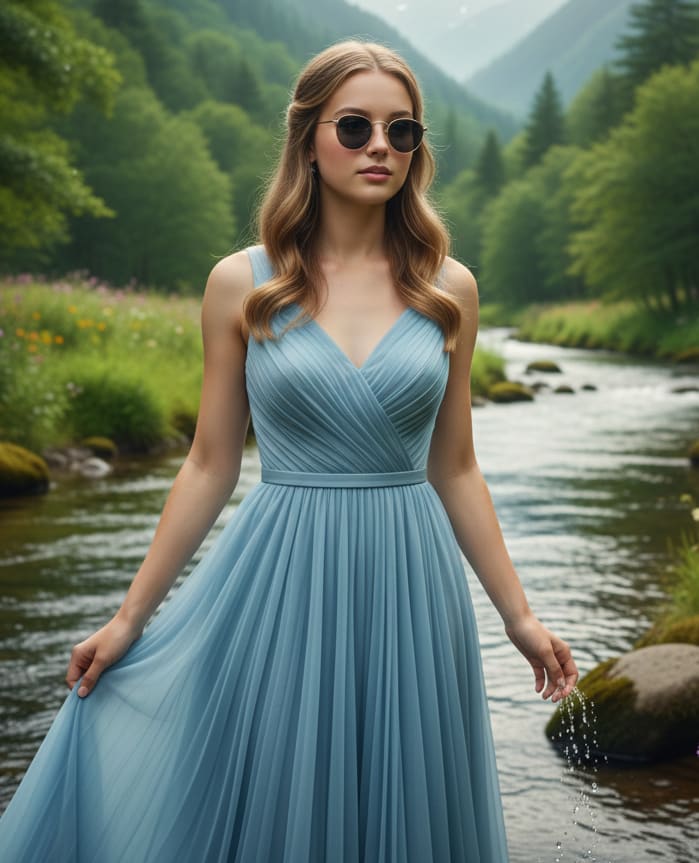 Woman by river with sunglasses