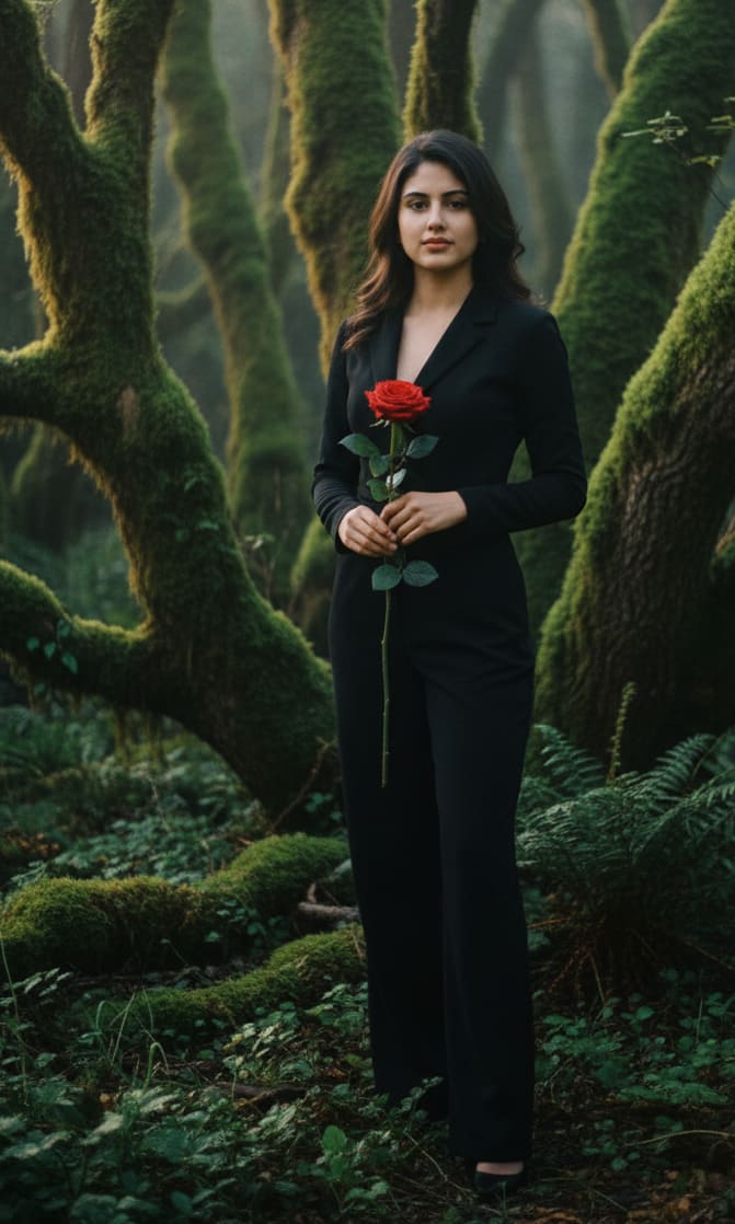 Woman in mossy forest with rose