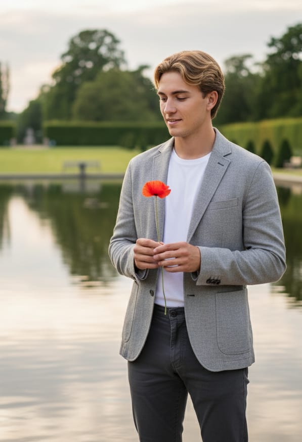 Man by pond with poppy