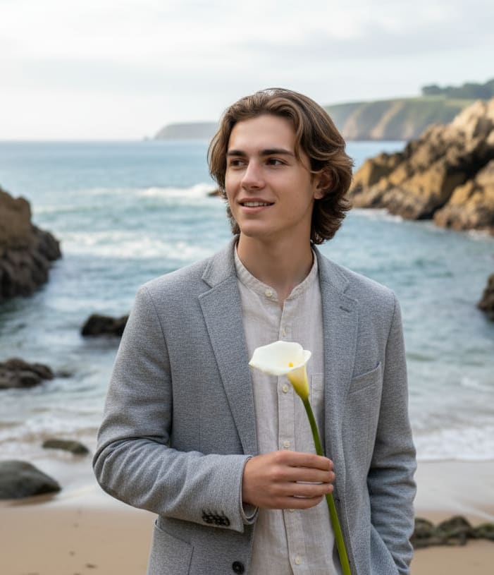 Man on rocky beach with calla lily