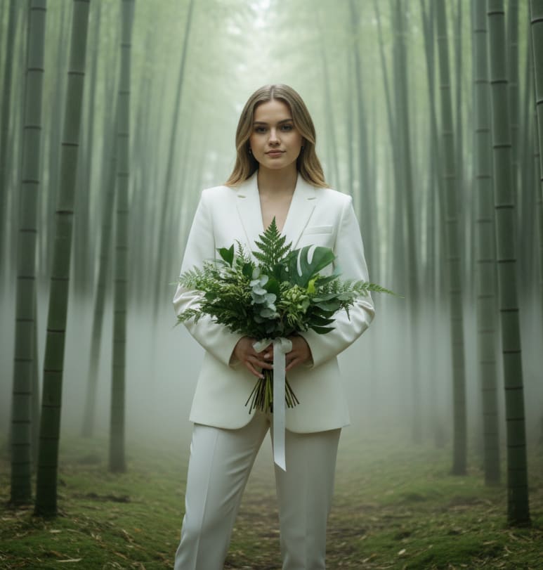 Woman in bamboo forest with foliage bouquet