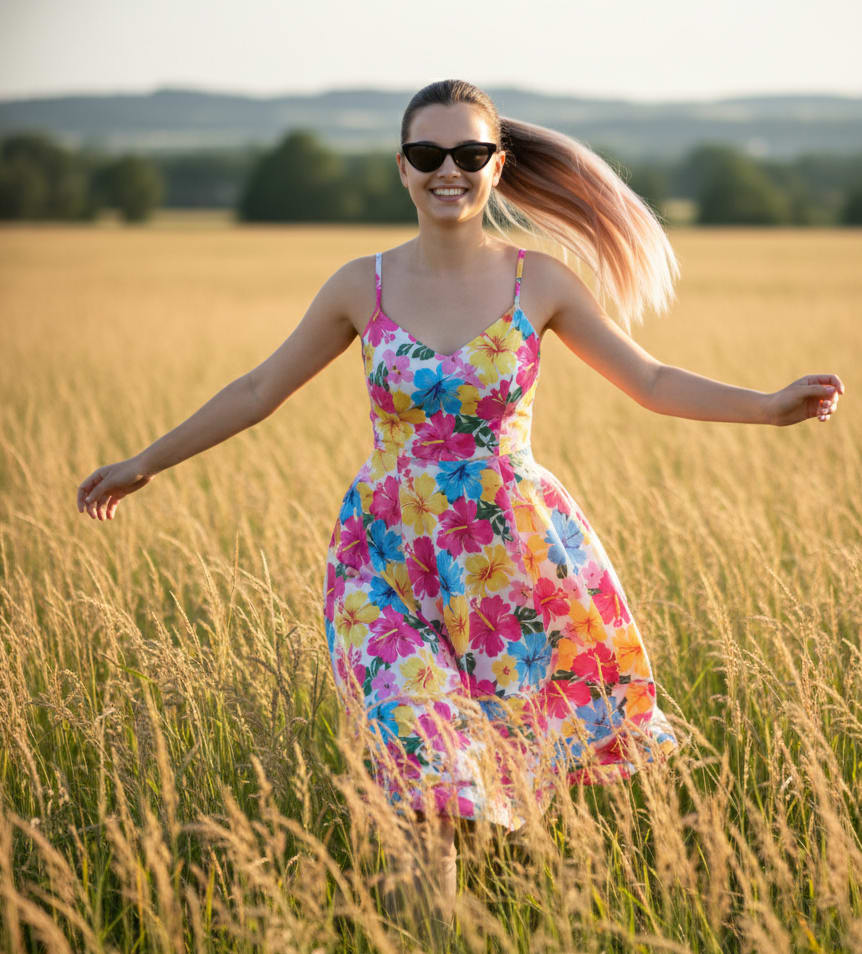 Woman in tall grass field with sunglasses