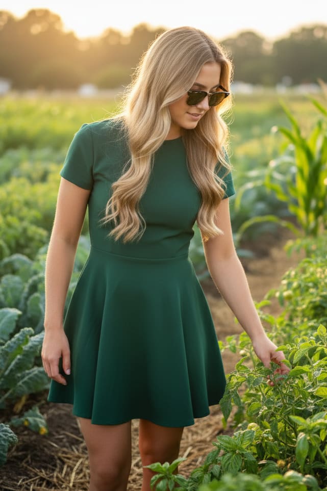 Woman in vegetable patch with sunglasses