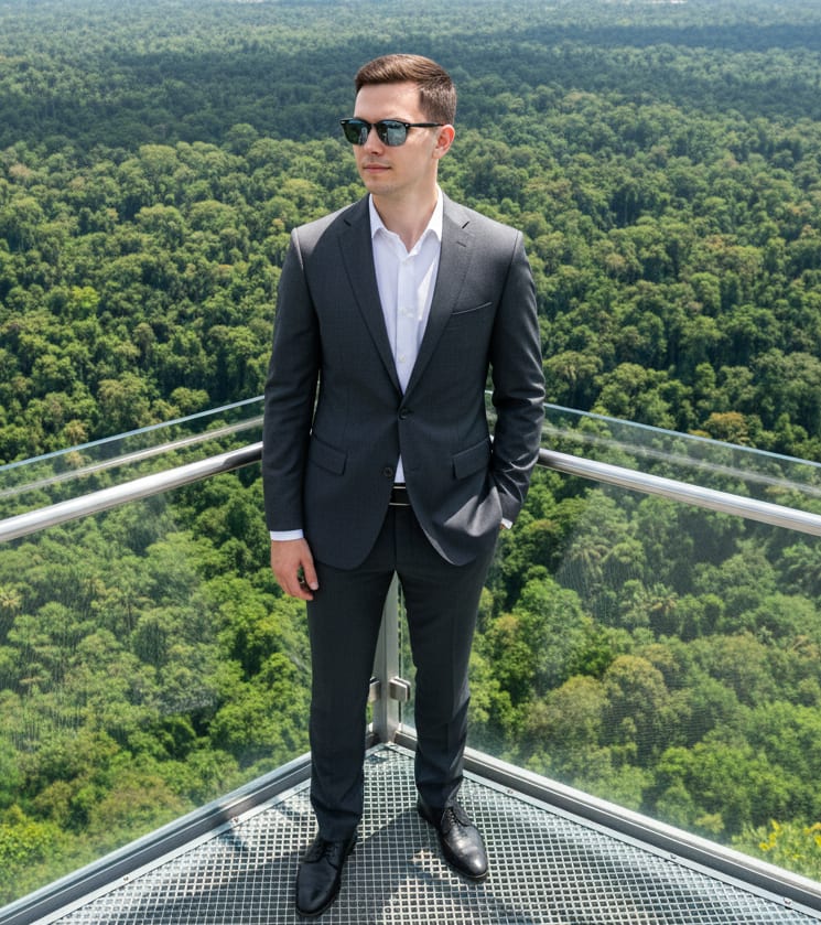 Man overlooking jungle with sunglasses
