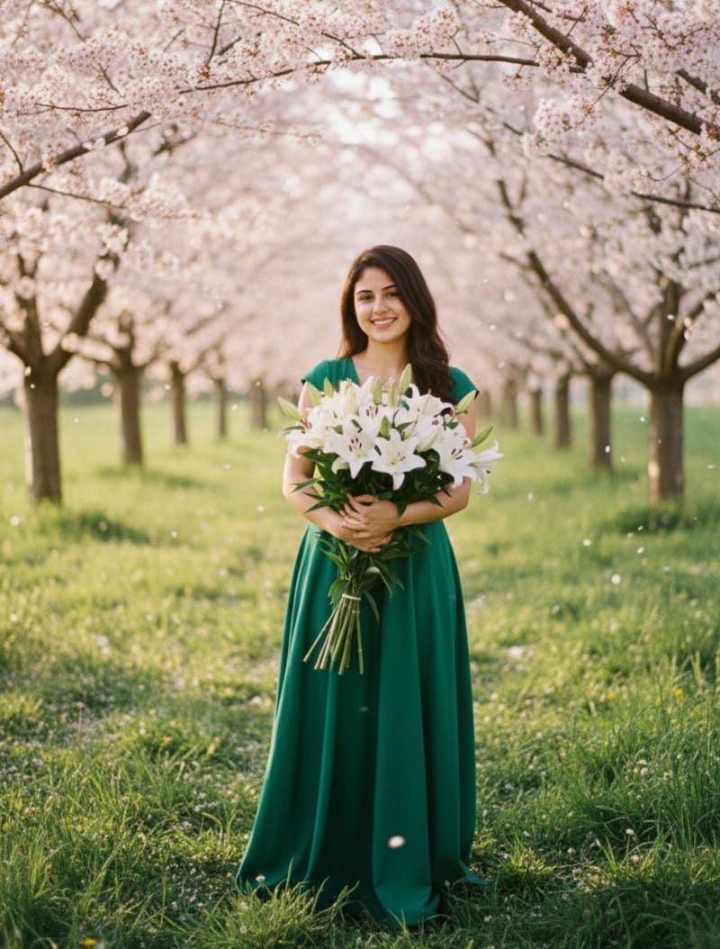 Woman in cherry blossom field with lilies