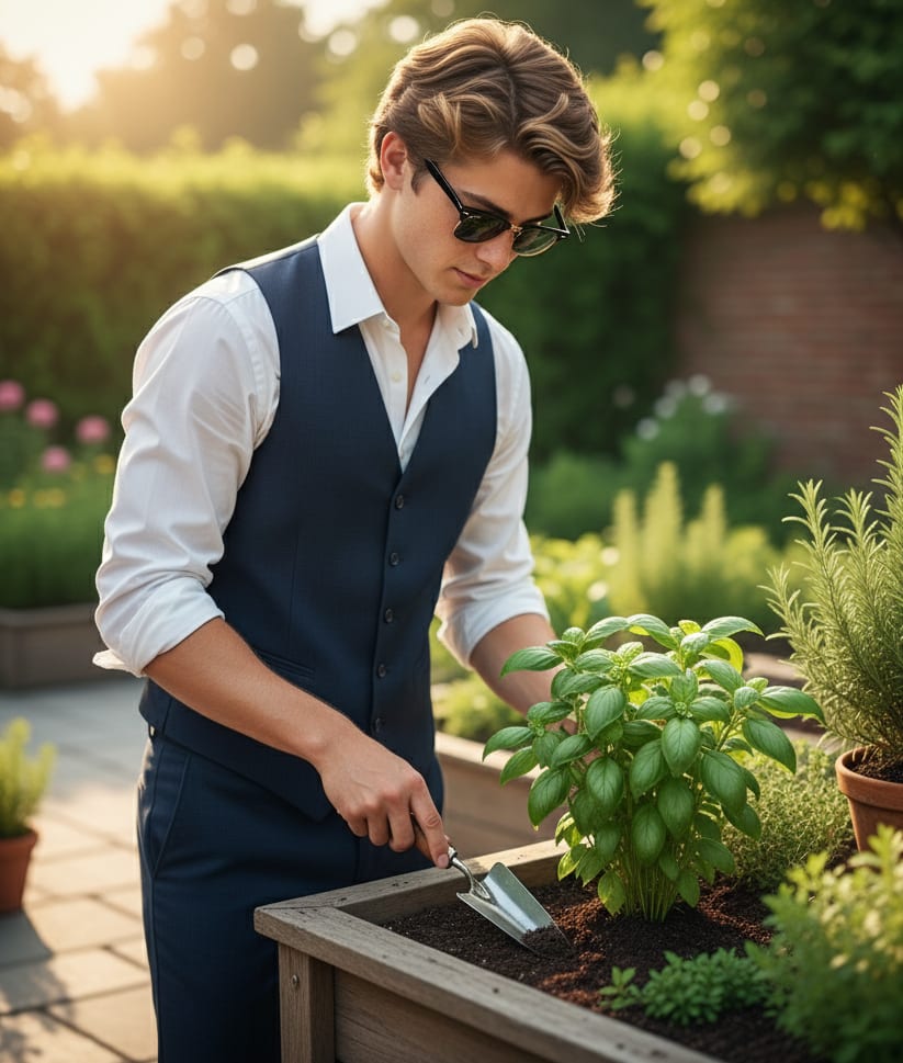 Man in herb garden with sunglasses