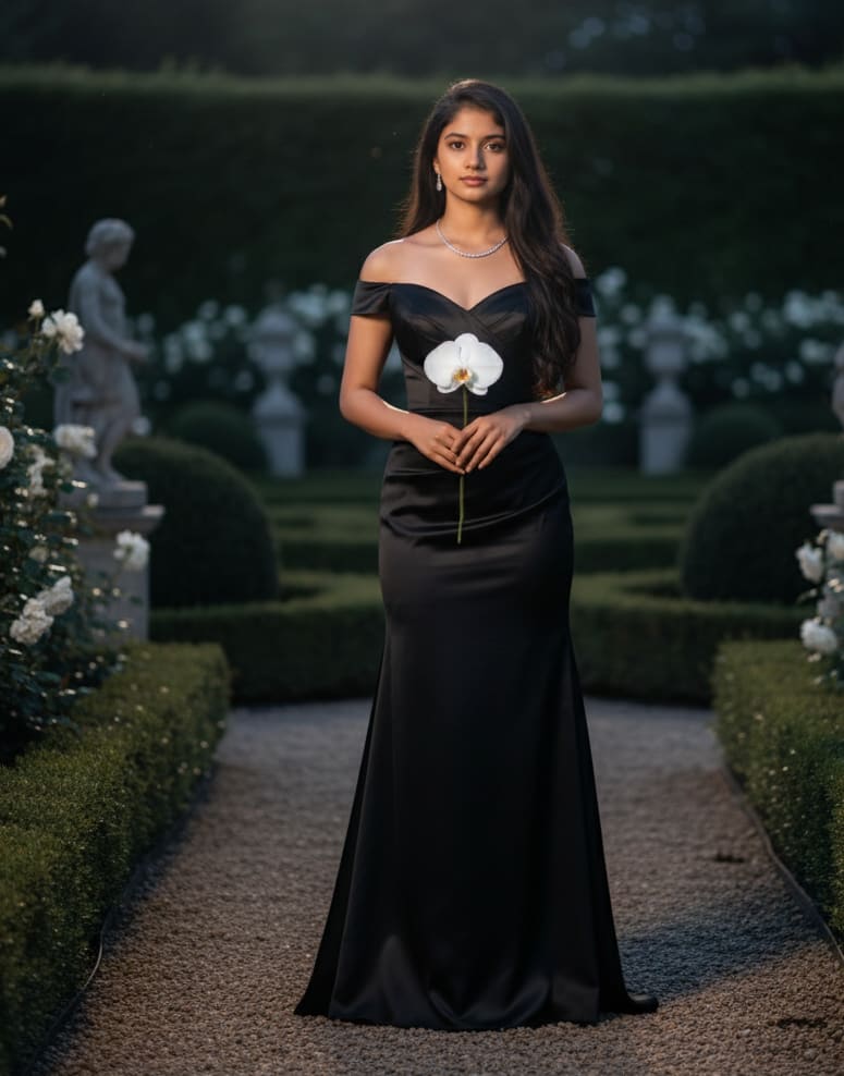 Woman in moonlit garden with orchid