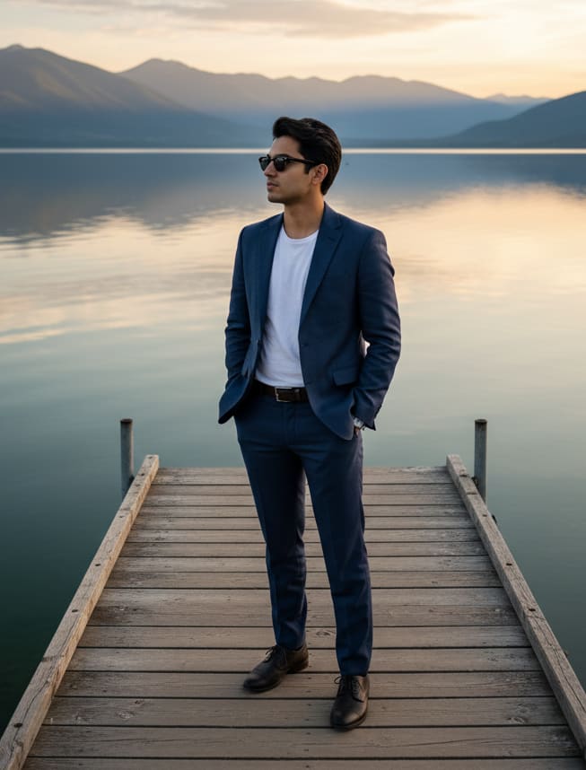Man by lake with sunglasses