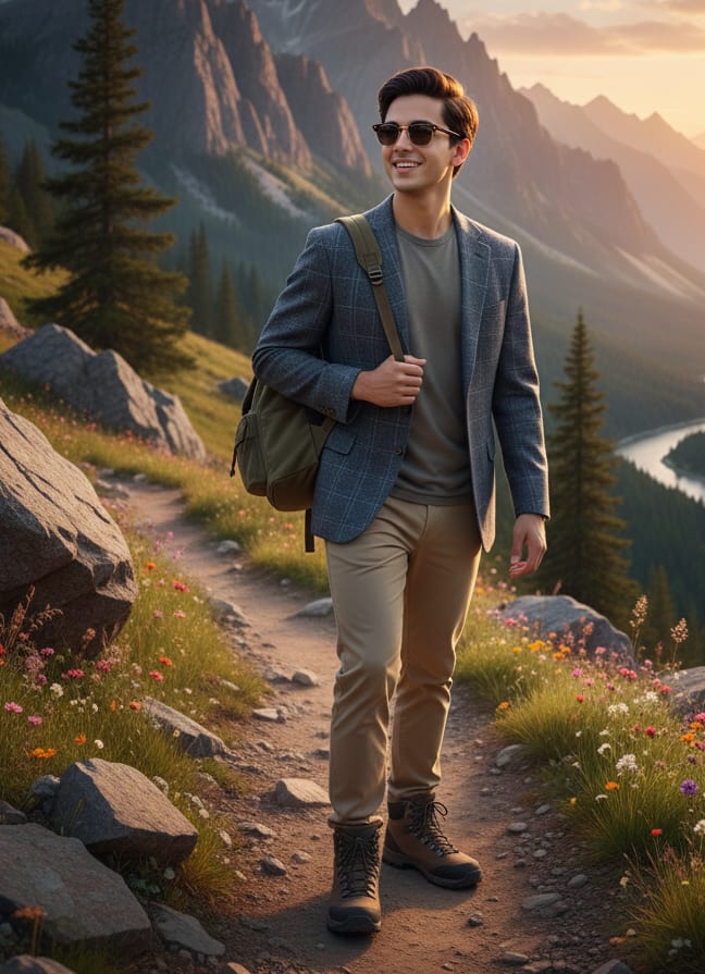 Man hiking mountain path with sunglasses