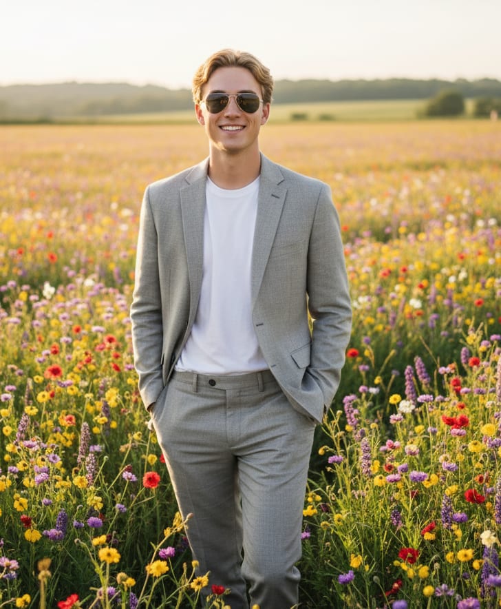 Man in wildflower meadow with sunglasses