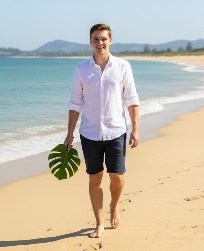 Man on beach with leaf
