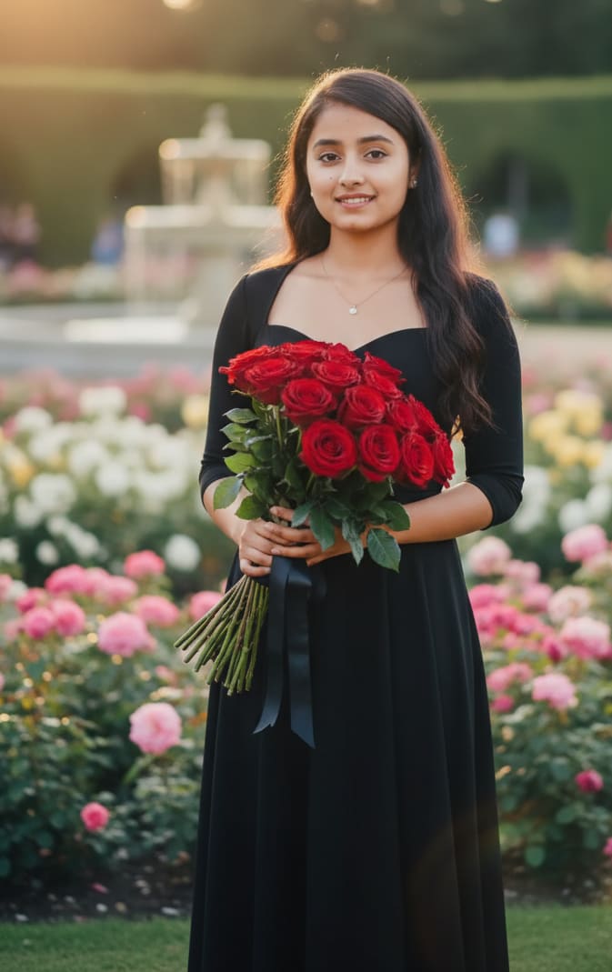 Woman in rose garden with red roses