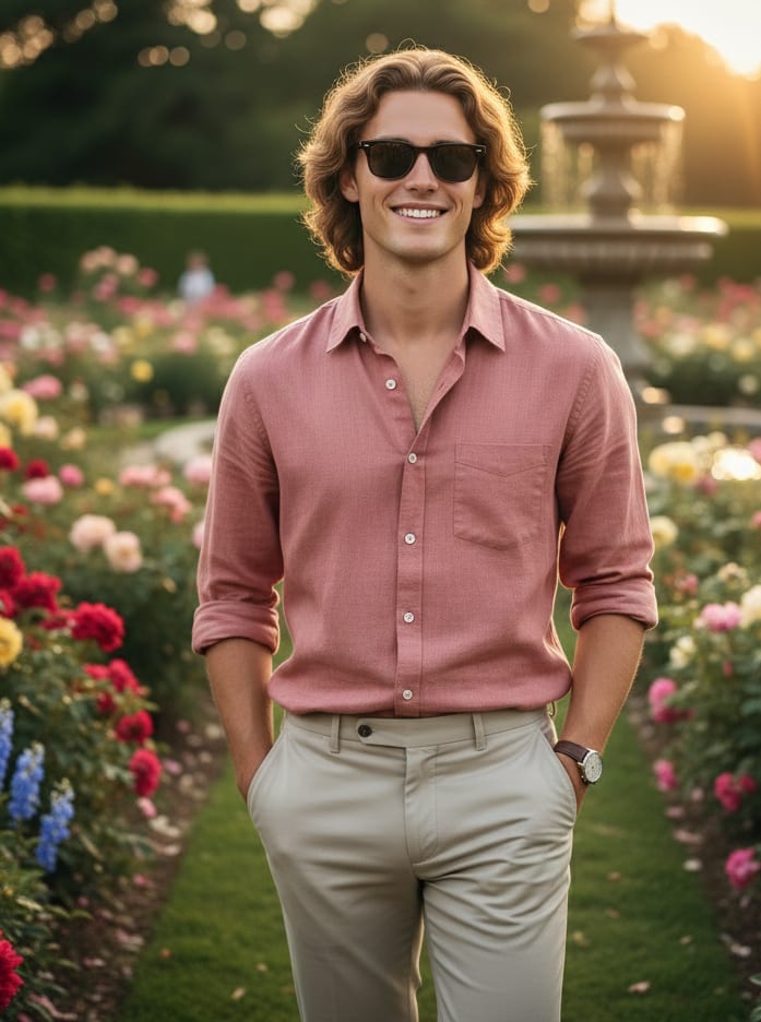 Man in flower garden with sunglasses