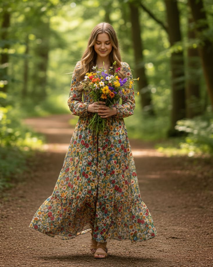 Woman in forest with flowers