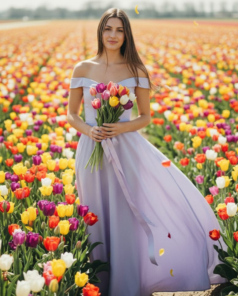 Woman in tulip field with tulips