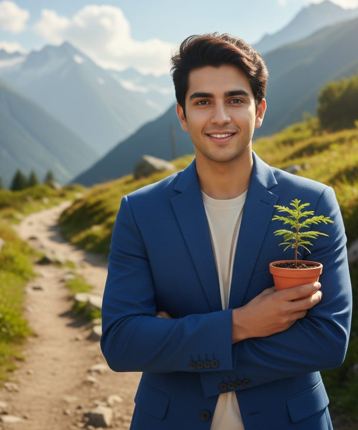 Man hiking with sapling