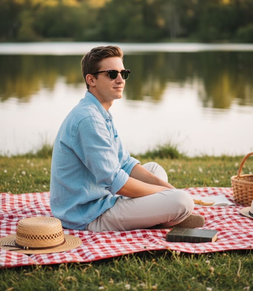 Man picnicking with sunglasses